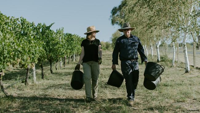 Rowlee Wines winemakers Nicole Samodol and James Manny on their vineyard at Orange in central NSW.