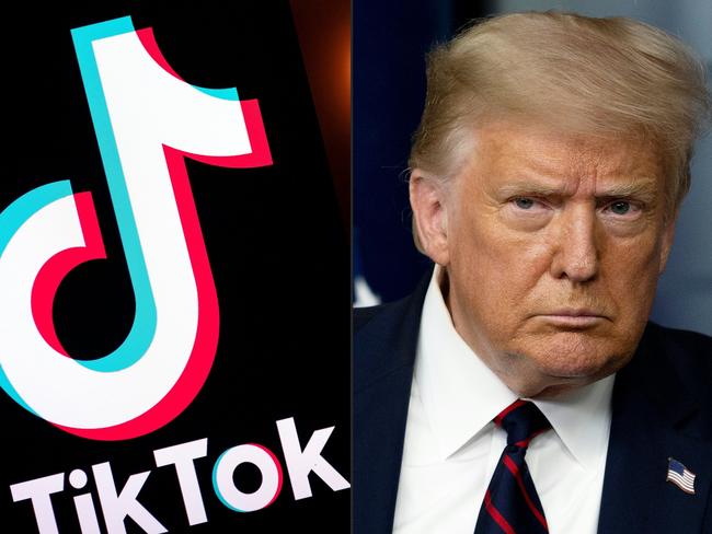 (FILES) In this combination of file pictures created on August 1, 2020 shows the logo of the social media video sharing app Tiktok displayed on a tablet screen in Paris, and US President Donald Trump at the White House in Washington, DC, on July 30, 2020. - Video app Tiktok said on August 22, 2020, it will challenge in court a Trump administration crackdown on the popular Chinese-owned service, which Washington accuses of being a national security threat. (Photos by Lionel BONAVENTURE and JIM WATSON / AFP)