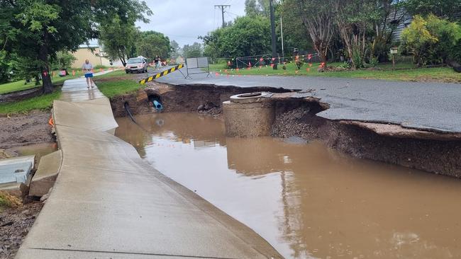 A damaged road in the town of Goomeri. Picture: Diane Frola