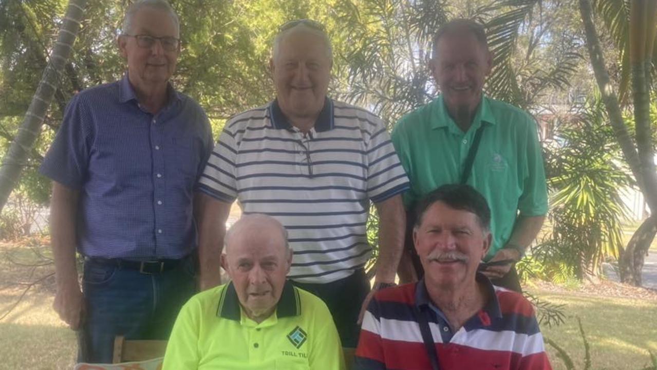 Catching up with their 1973 captain-coach Graham Tucker (front, left) are 1973 Newtown Lions team members (back, from left) Russ Zimmerle, Ray Prouten and Graeme Wockner and (front) Graham Tucker (left) and Frank Hedge. Picture contributed.