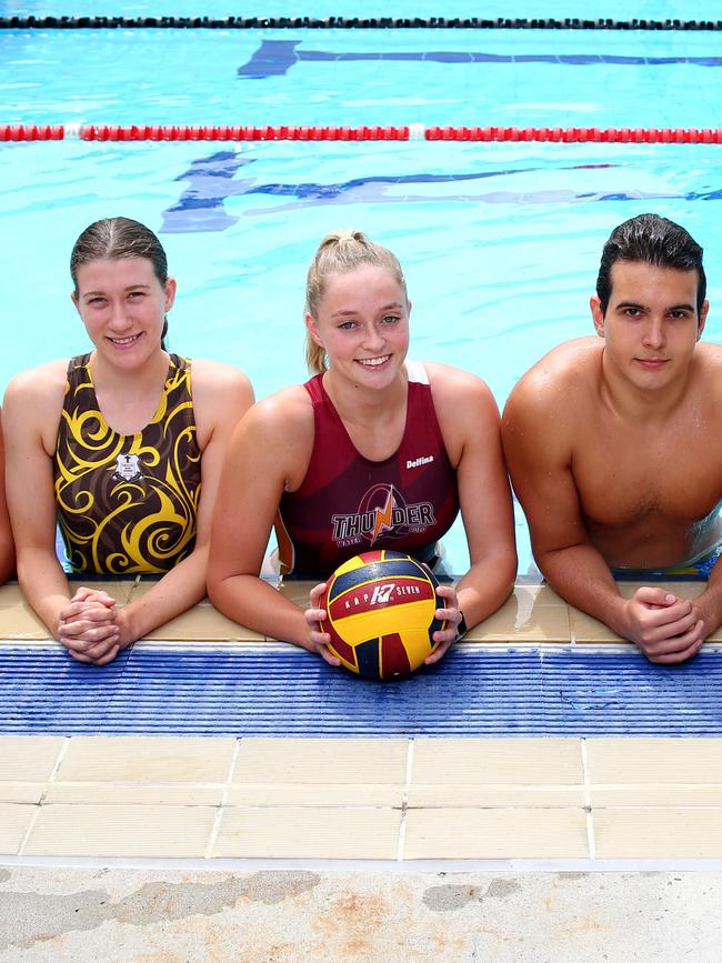 Australian Youth Water Polo Championship players Tilly Hughes and Ryan Medic with Abbey Andrews. Picture David Clark