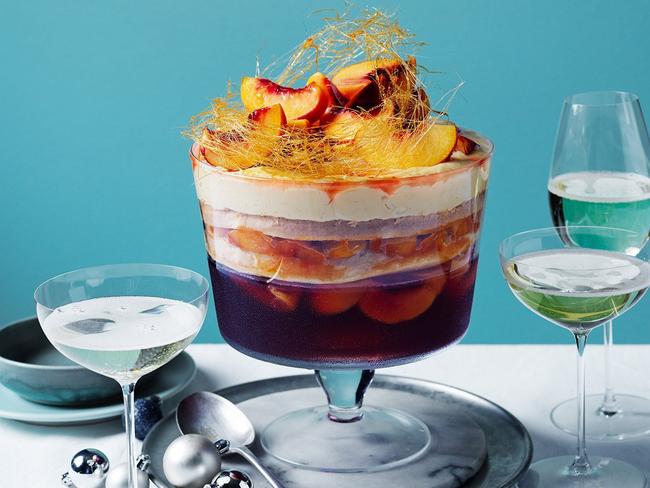 Peach, rosÃ© jelly and custard trifle.