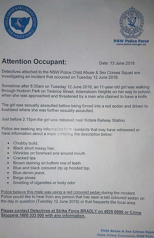 A NSW Police pamphlet that was circulated following the sexual assault of the 11-year-old girl in Newcastle on Tuesday, June 12, 2018. Picture: AAP /Facebook.