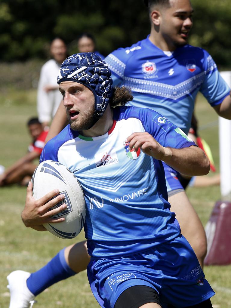 Terry Ballis from Italy. Under 18 Boys Italy v Samoa white. Harmony Nines Rugby League. Picture: John Appleyard