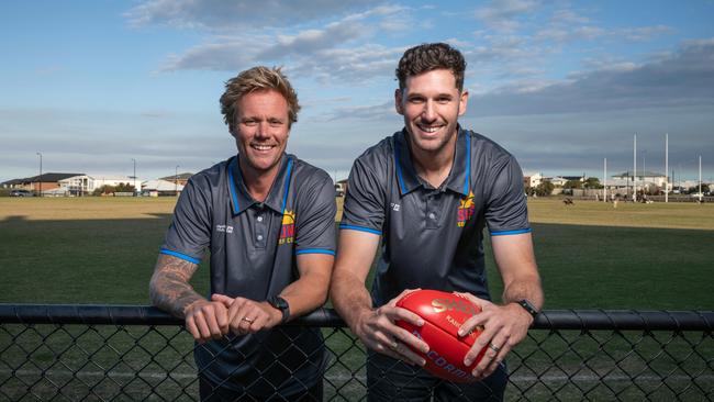 Surf Coast Suns president Jay Williams with new recruit Aaron Black. Picture: Brad Fleet