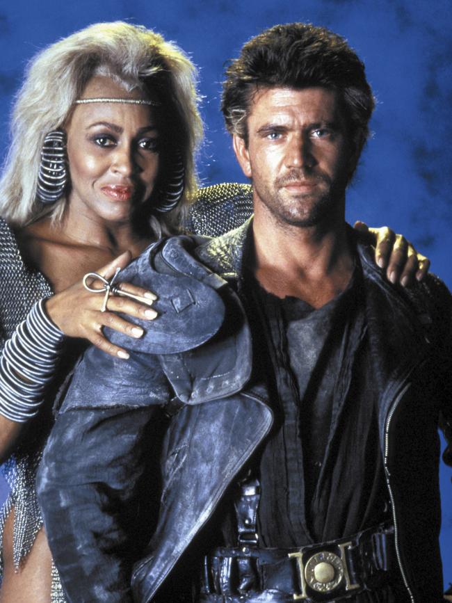 Tina Turner and Mel Gibson on the set of Mad Max Beyond Thunderdome. Picture: Getty Images