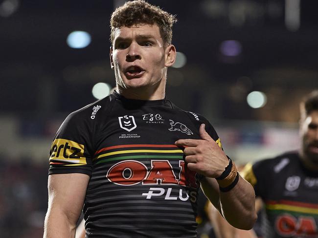 SYDNEY, AUSTRALIA - AUGUST 29: Liam Martin of the Panthers signals during the round 16 NRL match between the Panthers and the Wests Tigers at Panthers Stadium on August 29, 2020 in Penrith, Australia. (Photo by Brett Hemmings/Getty Images)