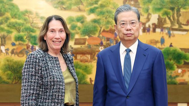 Senate President Sue Lines and China’s National People’s Congress Standing Committee chairman Zhao Leji in Beijing on Tuesday. Picture: AFP