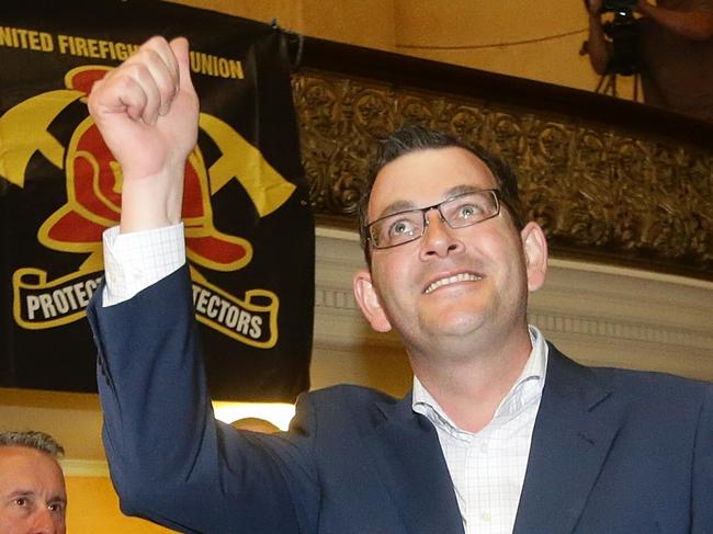 Daniel Andrews campaigning with fire fighters at the Collingwood Town Hall on Tuesday, November 18, 2014, in Collingwood, Australia. Picture: Hamish Blair