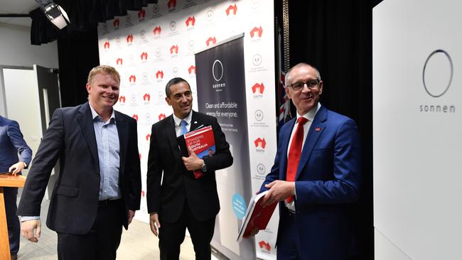 Sonnen Australia managing director Chris Parratt with former energy minister Tom Koutsantonis and former premier Jay Weatherill earlier this year.