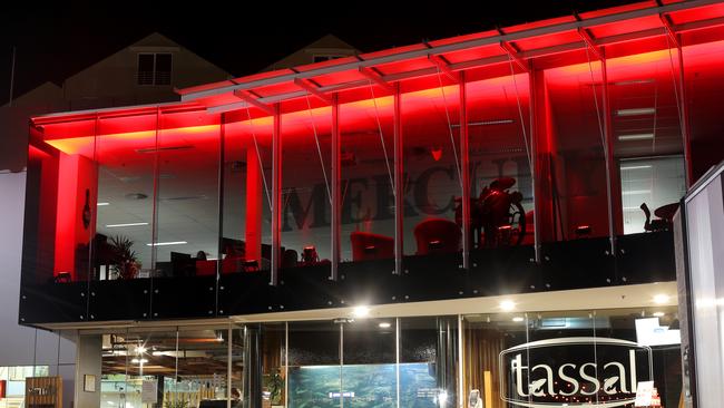 The <i>Mercury</i>’s office in Salamanca Square lit up red for Dark Mofo. Picture: LUKE BOWDEN