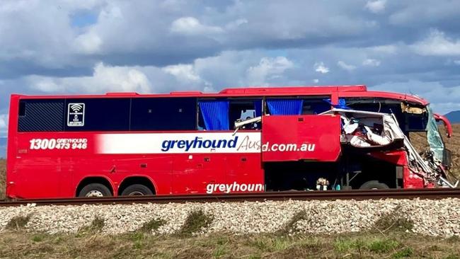 Three people have been killed and seven are fighting for their lives after a horrific crash between a bus and a car towinga caravan. Emergency services were called to the Bruce Highway near Gumlu, in Queensland’s Whitsundays region, just after 11am on Sundayfollowing reports of a serious collision between two vehicles. Picture: Supplied