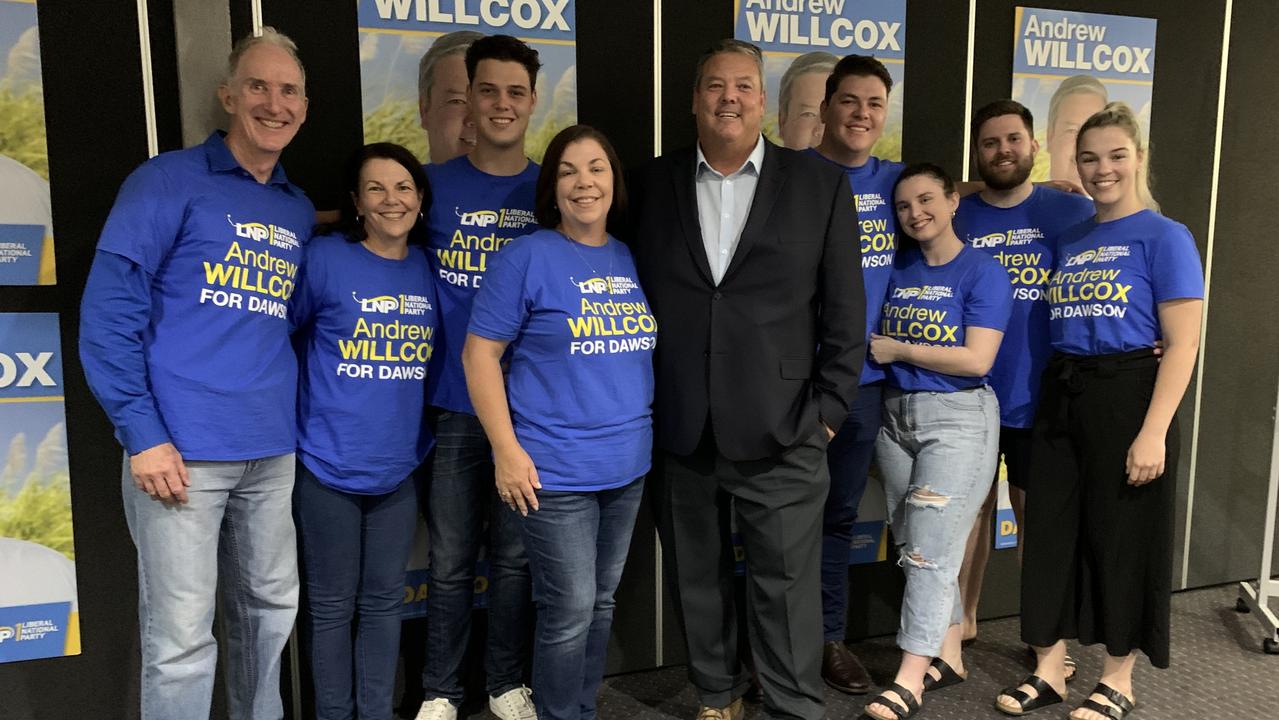 John Carroll, Donna Carroll, Tom Willcox, Raylene Willcox, Andrew Willcox, Jack Willcox, Zoe Robson, Chris Figg and Shannon Willcox gather to celebrate the incoming Dawson MP Andrew Willcox's win in Dawson at the Ocean International in Mackay for the federal election on Saturday, May 21, 2022. Picture: Duncan Evans