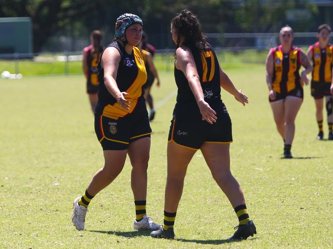 Pictured: Luana Healey and Leashay Warburton. North Cairns Tigers v Manunda Hawks at Watsons Oval. AFLW Cairns Round 18 2024. Photo: Gyan-Reece Rocha