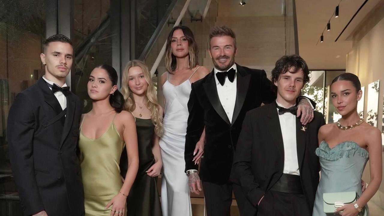 David Beckham's 50th birthday celebrations. While Romeo, Kim Turnbull, Harper, Victoria, David, Cruz and Jackie Apostel were present, Brooklyn and Nicole were nowhere to be seen. Picture: Instagram.