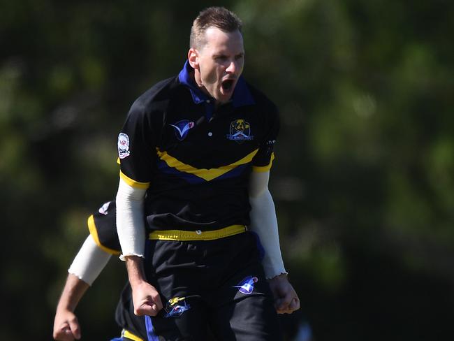 Luke Davis of St Bernard's reacts after taking a wicket during the VSDCA Cricket match between Brunswick and St Bernard's at A.G Gillon Oval in Brunswick, Saturday, February 29, 2020. (Photo/Julian Smith)