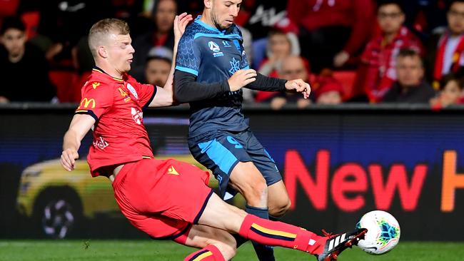 Adelaide United centre back Jordan Elsey faces a race against time to overcome a knee injury before the back-to-back Melbourne City clashes. Picture: Mark Brake/Getty Images