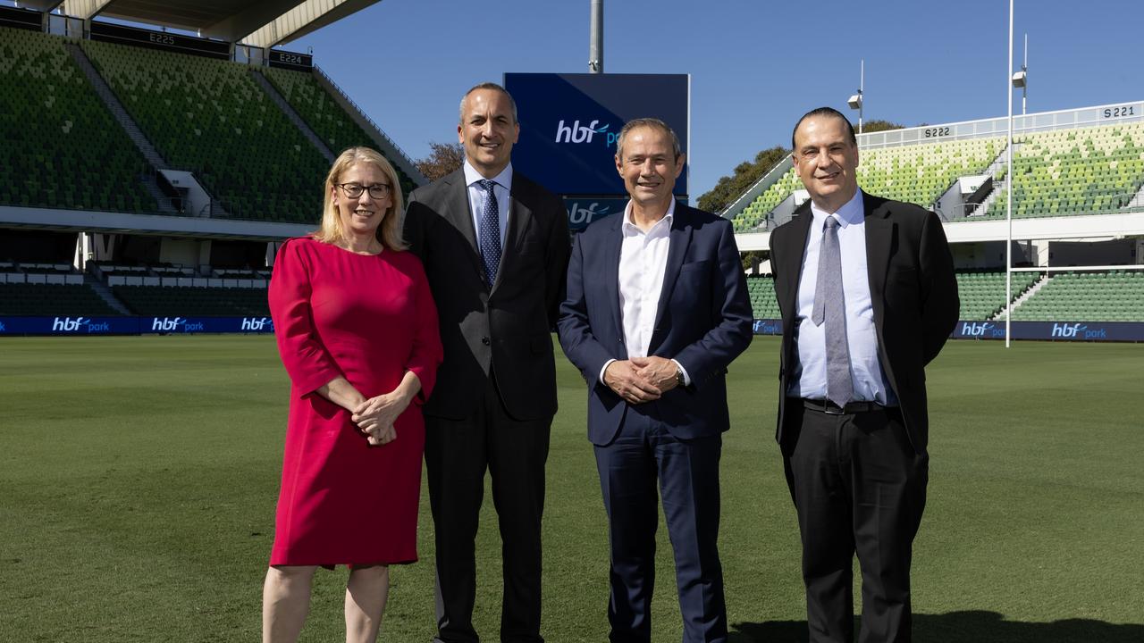 Western Australia Sport and Recreation Minister Rita Saffioti, National Rugby League CEO Andrew Abdo, Western Australian Premier Roger Cook and Peter V’landys. Picture: Paul Kane/Getty Images