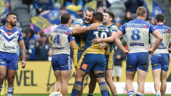 SYDNEY, AUSTRALIA - JUNE 20: Reagan Campbell-Gillard of the Eels celebrates scoring a try during the round 15 NRL match between the Parramatta Eels and the Canterbury Bulldogs at Bankwest Stadium, on June 20, 2021, in Sydney, Australia. (Photo by Mark Metcalfe/Getty Images)