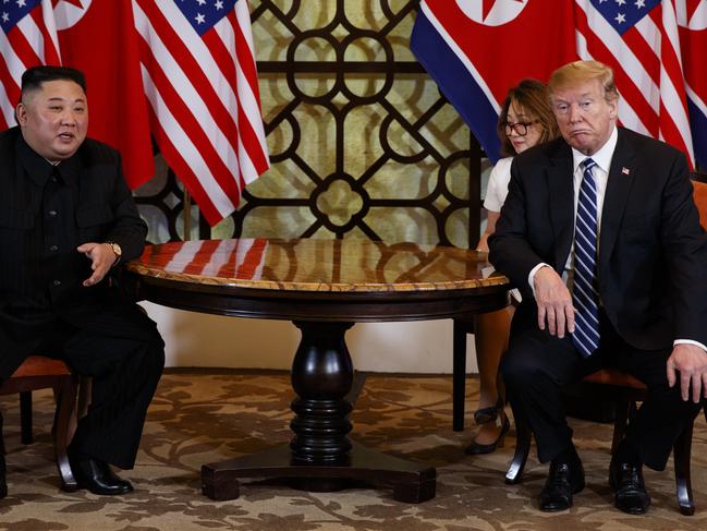 President Donald Trump meets North Korean leader Kim Jong Un in Hanoi. Picture: AP 