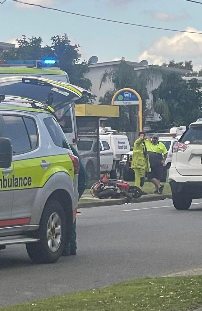 The scooter on the ground after the rider was critically injured in the alleged hit run.