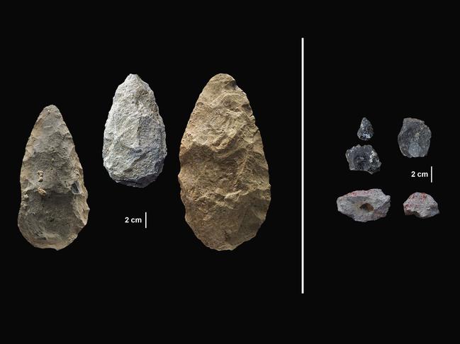 This image provided by the Smithsonian's Human Origins Program shows artefacts found in southern Kenya's Olorgesailie Basin.