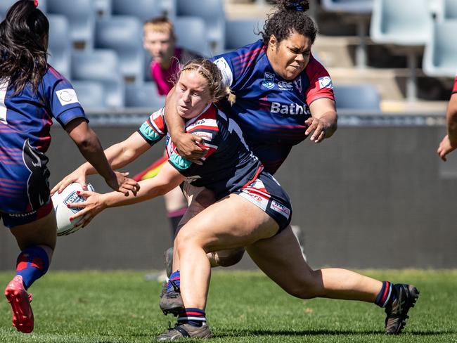 Collegians player Adi Kelera Turaganivolo tackles Camden’s Taleah Gibson, 11th September 2022. News Local, pictures by Julian Andrews.