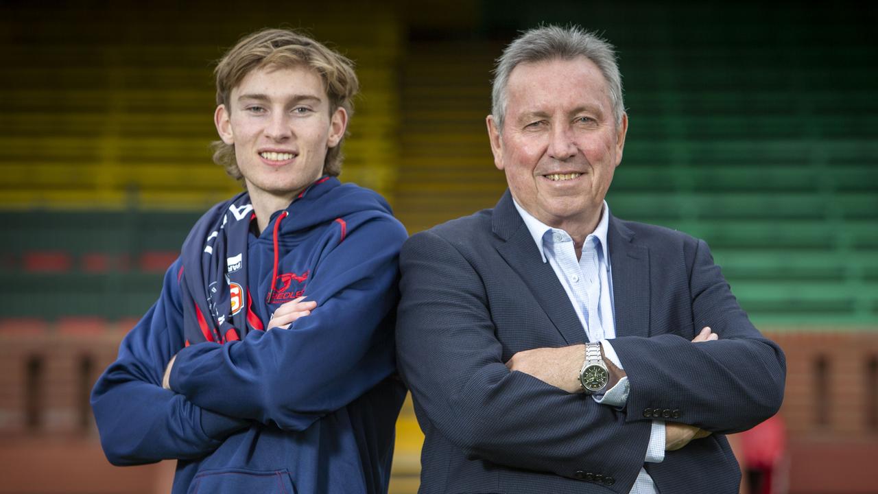 Adelaide father-son prospect Max Michalanney (pictured with his father Jim) is a chance to play some AFL football for the Crows next year. Picture: Emma Brasier