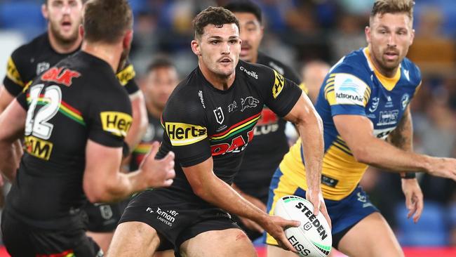 Nathan Cleary of the Panthers runs the ball during the round 25 NRL match between the Parramatta Eels and the Penrith Panthers at Cbus Super Stadium on Friday. (Photo by Chris Hyde/Getty Images)