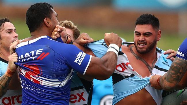 Tevita Pangai Jr (left) admits the ‘carry-on’ in his game has to go. Picture: Mark Metcalfe/Getty Images