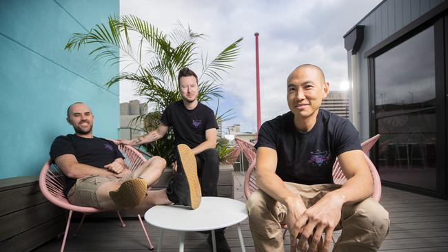 Co-Owners of The Standard Will Priestley, Christian Ryan and Sam Chang on the new rooftop bar. Photo: RICHARD JUPE