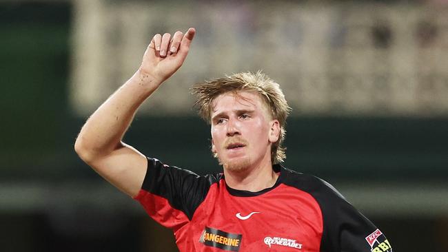 SYDNEY, AUSTRALIA - DECEMBER 16:  Will Sutherland of the Renegades celebrates taking the wicket of Joel Davies of the Sixers during the BBL match between Sydney Sixers and Melbourne Renegades at Sydney Cricket Ground, on December 16, 2024, in Sydney, Australia. (Photo by Matt King/Getty Images)