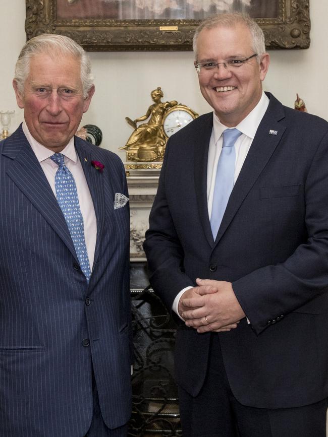 Prime Minister Scott Morrison with Prince Charles in London. Picture: Ella Pellegrini