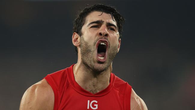 MELBOURNE, AUSTRALIA - MAY 09: Christian Petracca of the Demons celebrates after scoring a goal during the round nine AFL match between Carlton Blues and Melbourne Demons at Melbourne Cricket Ground, on May 09, 2024, in Melbourne, Australia. (Photo by Robert Cianflone/Getty Images)