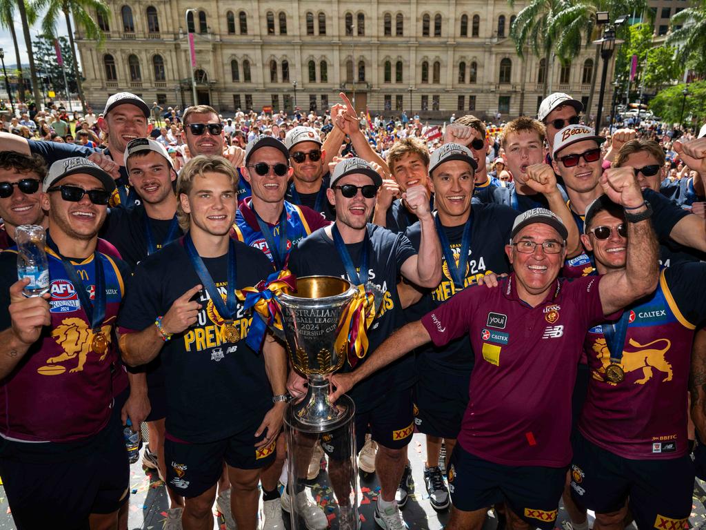 Brisbane Lions players and fans during a pop-up premiership party in Brisbane’s CBD. Picture: Dan Peled