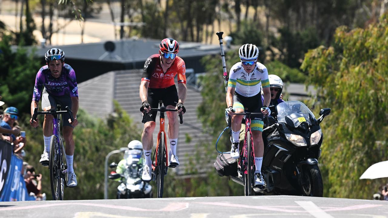 Rudy Porter (right) of ARA Australian Cycling Team competes in the breakaway during Sunday’s Cadel Evans Road Race. Picture: Dario Belingheri/Getty Images