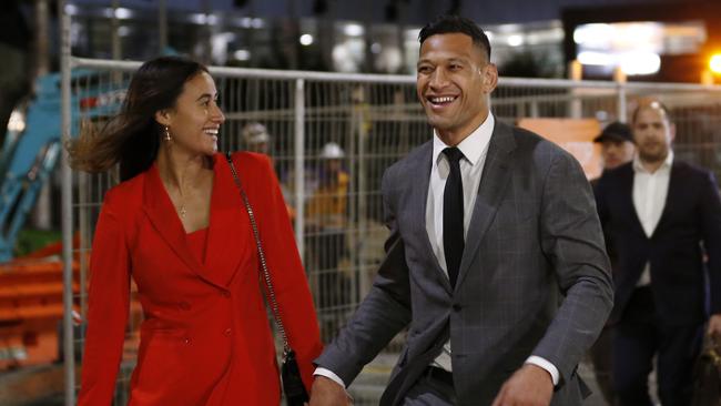 Israel Folau leaves the Federal Court with wife Maria after reaching a settlement with Rugby Australia. Picture: Getty Images