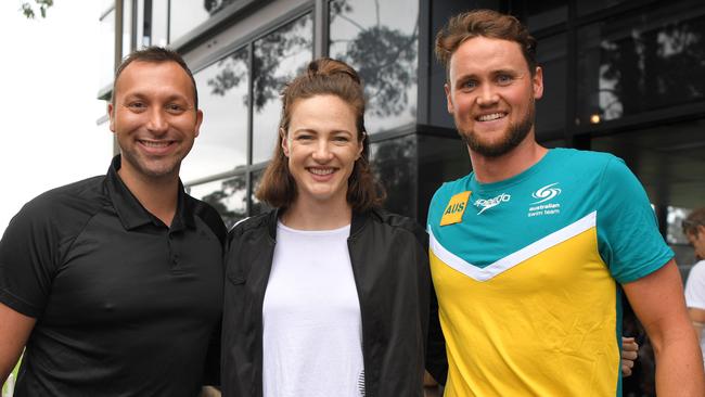 Swimming great Ian Thorpe (left) with Australian stars Cate Campbell and David McKeon at Saturday’s charity swim clinic in Wollongong, which McKeon organised. Picture: Simon Bullard