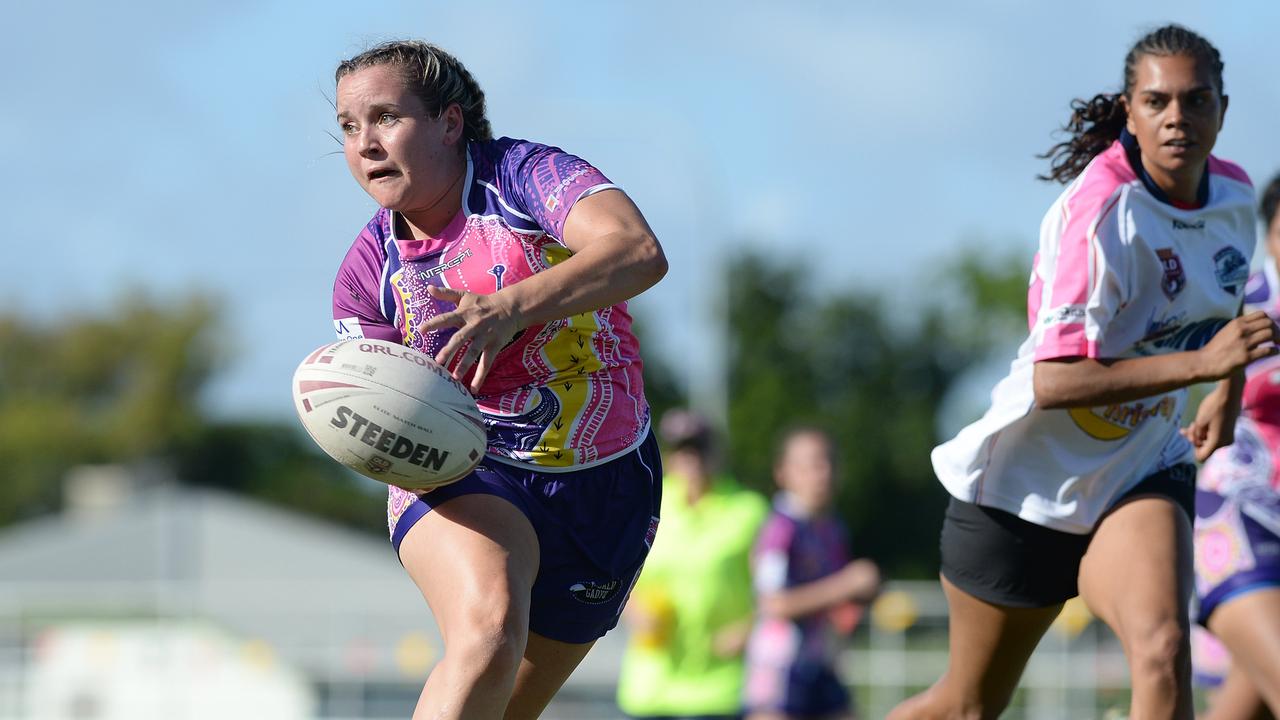 Gundalu Gadyu player Patrice Chambers in the women’s grand final rugby league game against the Highlanders at the Warba Wangarunya Rugby League Carnival at Browne Park