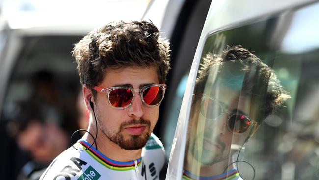 World Champion Slovakian rider Peter Sagan of team Bora-Hansgrohe is seen before the start of during stage four of the Tour Down Under from Norwood to Uraidla, South Australia, Friday, January 19, 2018. (AAP Image/Dan Peled) NO ARCHIVING, EDITORIAL USE ONLY