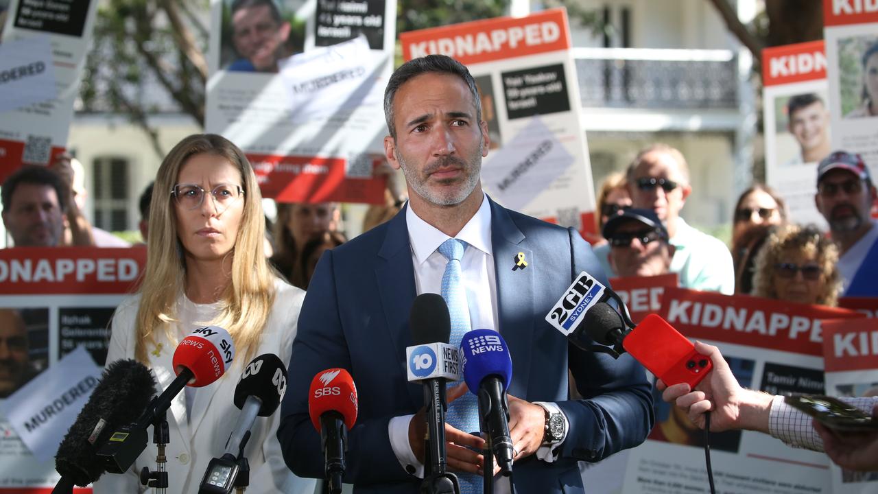 Alex Ryvchin co-CEO of Executive council of Australian Jewry and Simone Abel; head of legal for the Executive council of Australian Jewry and members of the Australian Jewish community hold a press conference to mark the one year anniversary of the Hamas terrorist attack in Israel at Double Bay in Sydney. Picture: NewsWire / Gaye Gerard