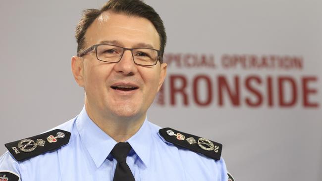 AFP Commissioner Reece Kershaw earlier this month in Sydney revealing the raids and arrests from Operation Ironside including Italian Mafia-linked figures in Australia. Picture: Mark Evans/Getty Images