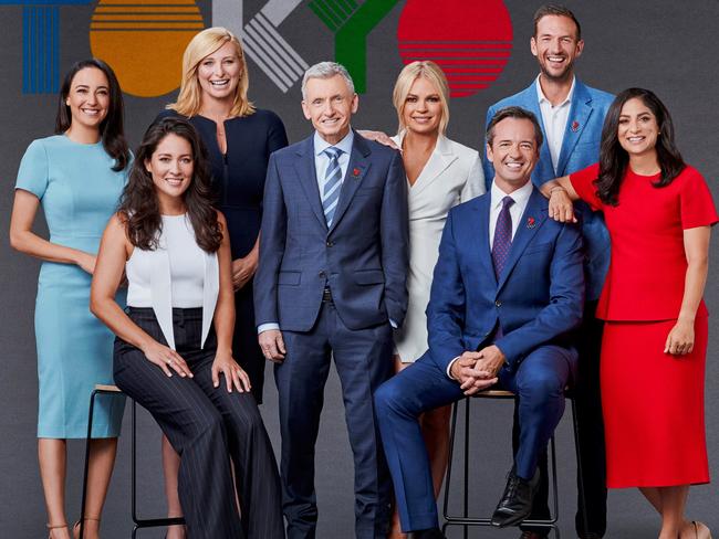 Channel Seven team for the Olympic Games Tokyo 2020.L – R:, Abbey Way, Mel McLaughlin, Johanna Griggs, Bruce McAvaney, Sonia Kruger, Hamish McLachlan, Trent Copeland, Lisa Sthalekar.