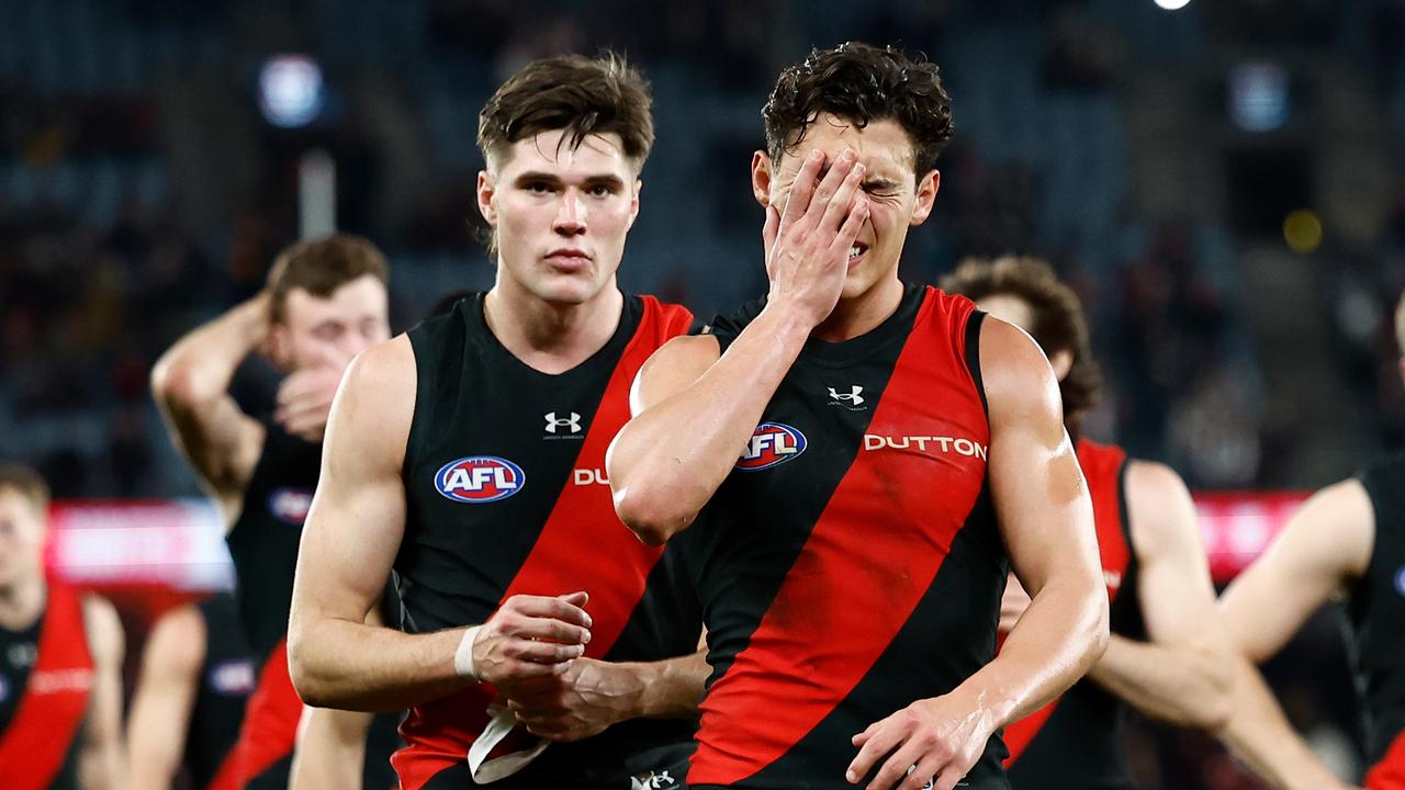 The Bombers looks dejected after the loss. (Photo by Michael Willson/AFL Photos via Getty Images)