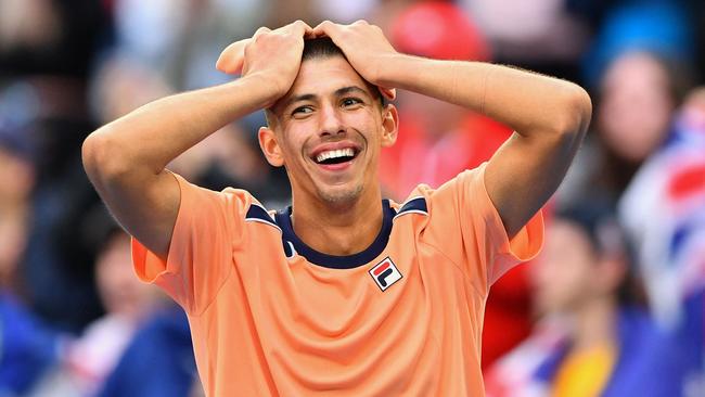 Australia's Alexei Popyrin celebrates after beating Taylor Fritz on day four of the Australian Open. Picture Paul Crock.