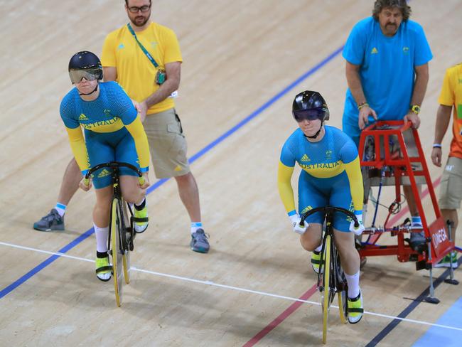 Anna Meares back on the track at the velodrome. Pic Alex Coppel