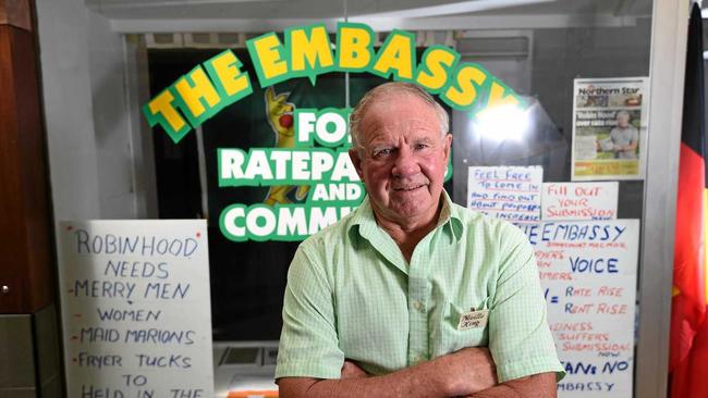 HAD ENOUGH: Lismore's Neville King has again addressed council over a potential rates increase. He is pictured here in front of the Ratepayers and Community Embassy which he has setup in order to bring attention to the new rates proposed by Lismore Council. Photo Marc Stapelberg / The Northern Star. Picture: Marc Stapelberg