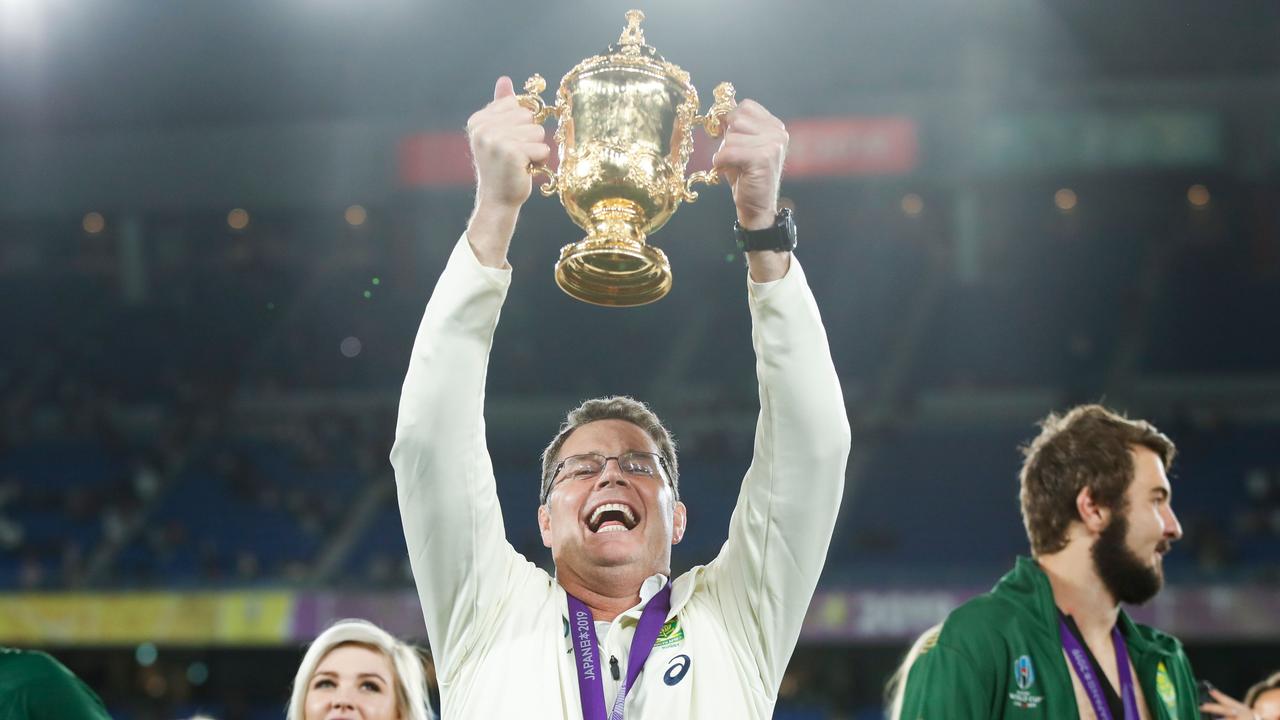 South Africa coach Rassie Erasmus lifts the Webb Ellis Cup in Yokohama.