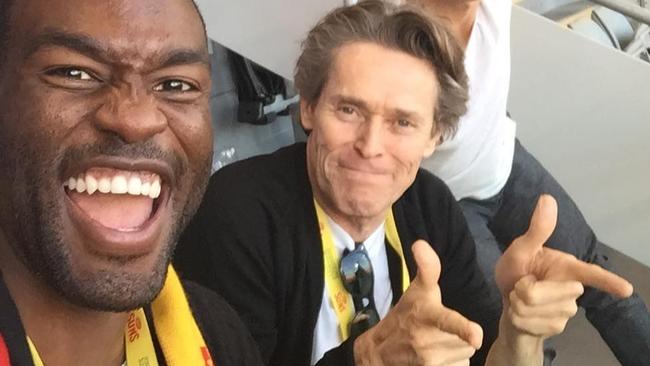 Yahya Abdul-Mateen II and Willem Dafoe at the Gold Coast Suns game. Picture: Instagram