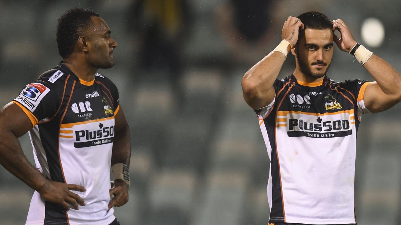 Tevita Kuridrani and Tom Wright of the Brumbies are dejected at GIO Stadium.